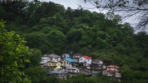 a small village nestled on a hill surrounded by trees
